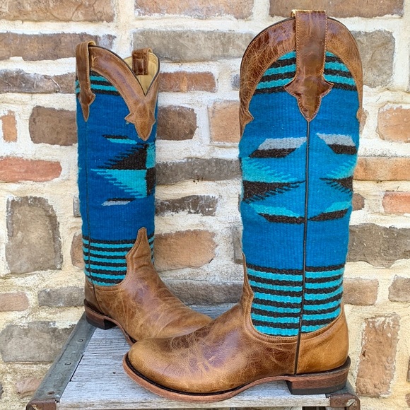 Sold STETSON Serape Blanket Aztec Blue Brown Knee High Western Cowgirl Boots - Picture 3 of 11